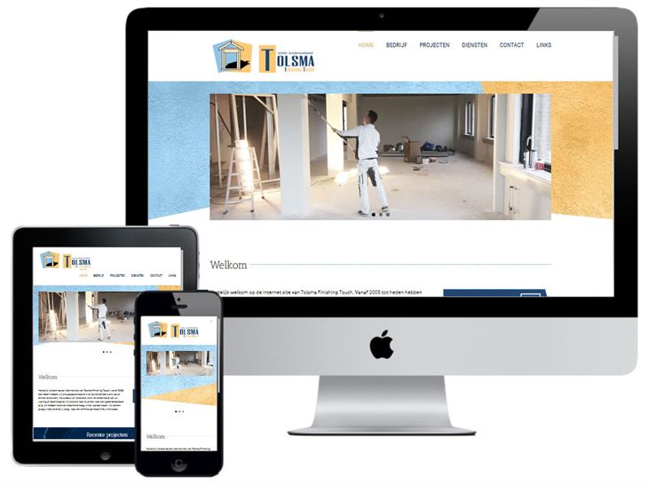 Voorbeeld van een responsive WordPress-website weergegeven op computer, tablet en smartphone