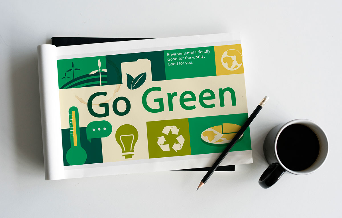 Milieuvriendelijk drukwerk op een bureau