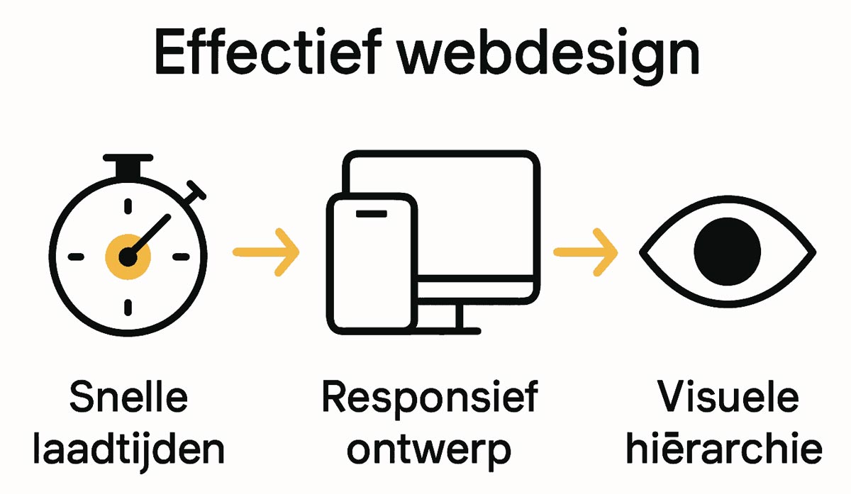 Infographic met drie belangrijke webdesign-elementen: snelheid, responsiviteit en visuele hiërarchie.