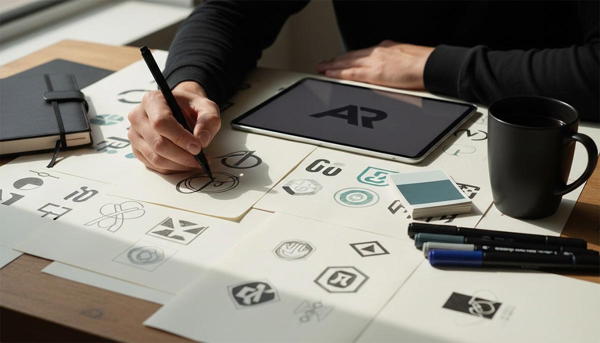 Grafisch ontwerper schetst een logo