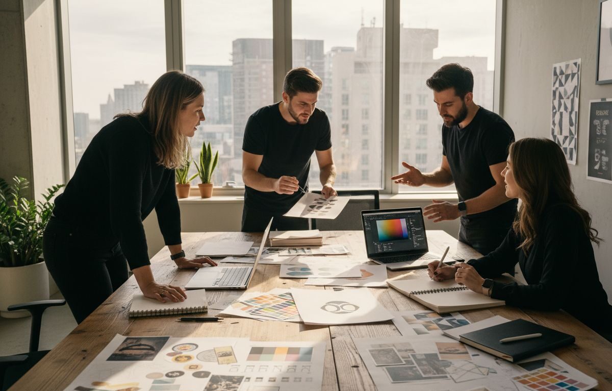 Grafisch ontwerp team overlegt over logo ontwerp