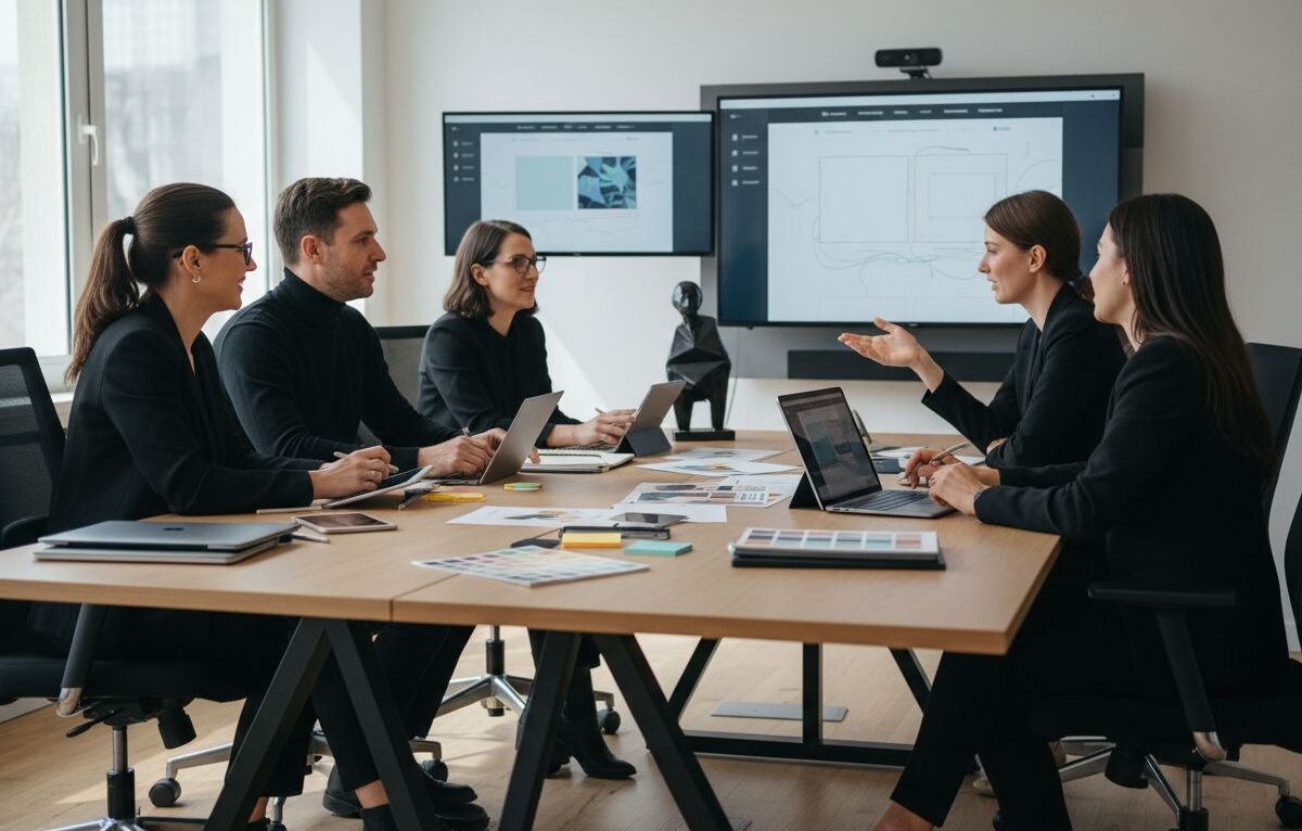 Team professionals overlegt over webdesign