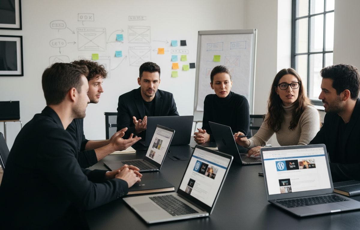 Diverse websites worden bekeken op kantoor door groep ondernemers