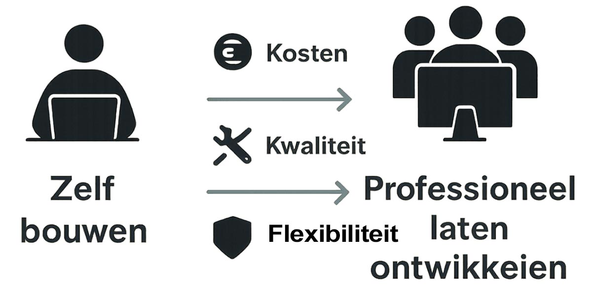 Vergelijkende infographic van zelf website bouwen en professioneel laten maken.