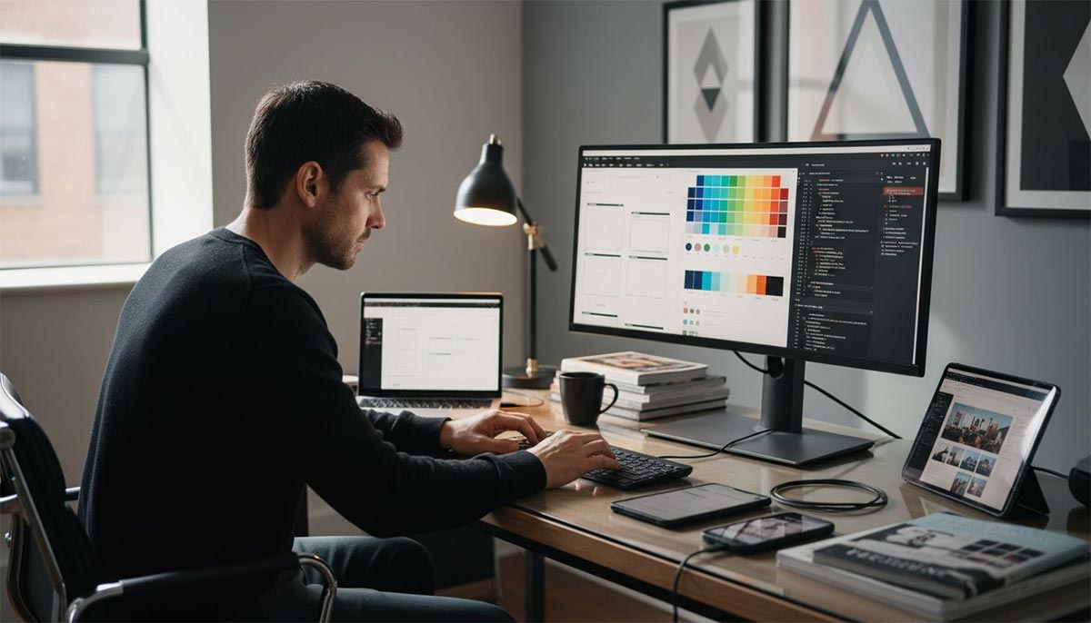 webdesigner aan het werk met kleurenschema