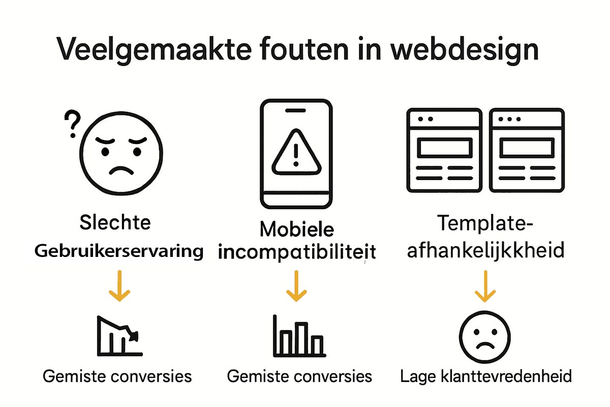 Infographic die drie veelgemaakte webdesign fouten toont.