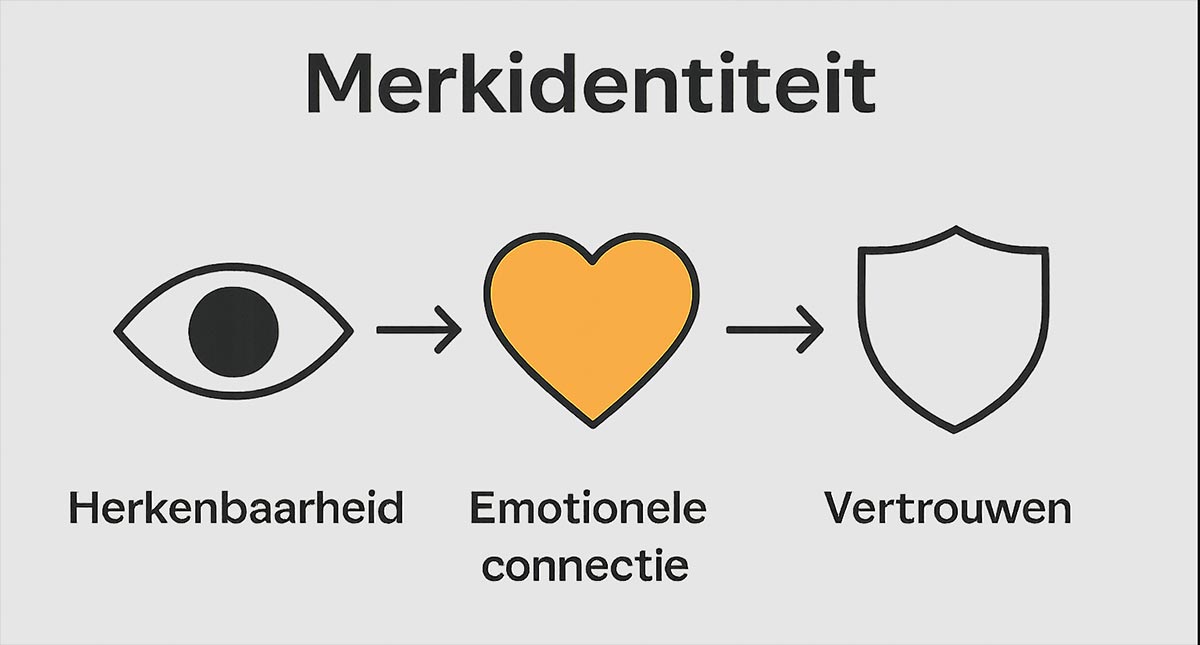 Infographic met iconen voor logo-invloed: herkenbaarheid, emotie, vertrouwen.